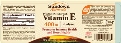 Photo of the Sundown Naturals Vitamin E 400 IU label