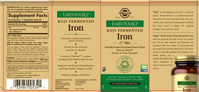 Earth Source Food Fermented Koji Iron 27 mg のラベル画像（NIH DSLD）