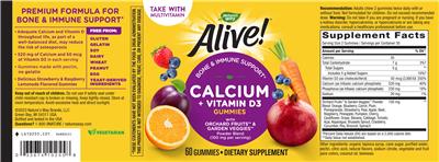 Photo of the Nature's Way Alive! Calcium + Vitamin D3 Gummies label