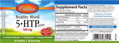 Photo of the Carlson Healthy Mood 5-HTP Elite 100 mg Natural Raspberry Flavor label