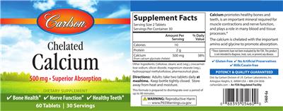 Photo of the Carlson Chelated Calcium 500 mg label