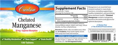 Photo of the Carlson Chelated Manganese 20 mg label