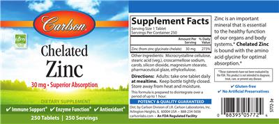 Photo of the Carlson Chelated Zinc 30 mg label