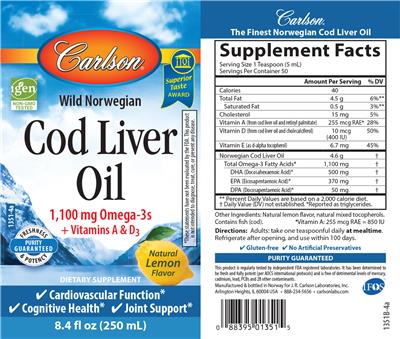 Photo of the Carlson Cod Liver Oil Natural Lemon Flavor label