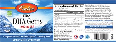 Photo of the Carlson Elite DHA Gems 1,000 mg DHA label