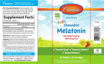 Photo of the Carlson Kid's Chewable Melatonin Natural Strawberry Lemon Flavor label