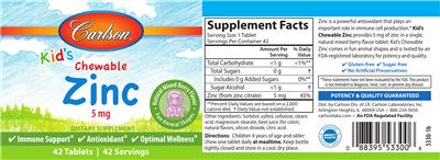 Photo of the Carlson Kid's Chewable Zinc 5 mg Natural Mixed Berry Flavor label