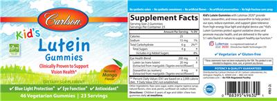 Photo of the Carlson Kid's Lutein Gummies Natural Mango Flavor label