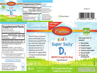 Photo of the Carlson Kid's Super Daily D3 600 IU (15 mcg) label