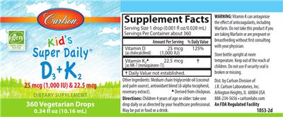 Photo of the Carlson Kid's Super Daily D3+K2 25 mcg (1,000 IU) & 22.5 mcg label