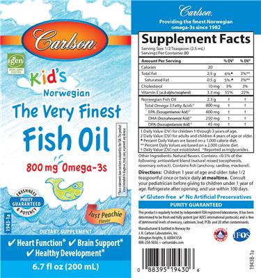 Photo of the Carlson Kid's The Very Finest Fish Oil Just Peachie Flavor label