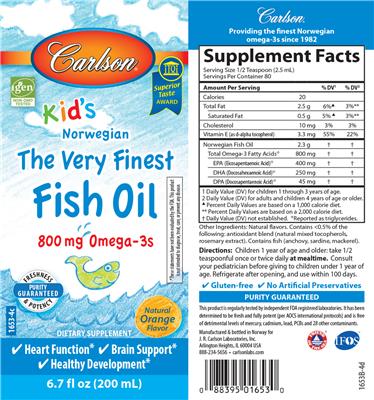 Photo of the Carlson Kid's The Very Finest Fish Oil Natural Orange Flavor label