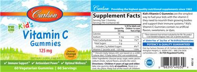 Photo of the Carlson Kid's Vitamin C Gummies 125 mg Natural Orange Flavor label