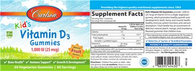 Photo of the Carlson Kid's Vitamin D3 Gummies 1,000 IU (25 mcg) Natural Fruit Flavors label