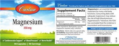Photo of the Carlson Magnesium 350 mg label