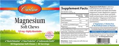 Photo of the Carlson Magnesium Soft Chews 125 mg Natural Berries & Creme Flavor label