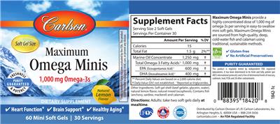 Photo of the Carlson Maximum Omega Minis 1,000 mg Natural Lemon Flavor label