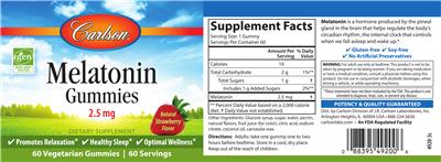 Photo of the Carlson Melatonin Gummies 2.5 mg Natural Strawberry Flavor label