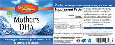 Photo of the Carlson Mother's DHA 500 mg label
