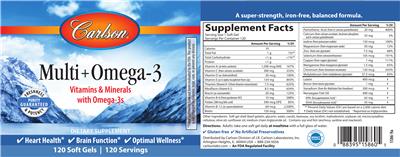 Photo of the Carlson Multi + Omega-3 label
