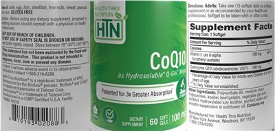 Photo of the Health Thru Nutrition CoQ10 100 mg label