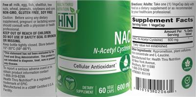 Photo of the Health Thru Nutrition NAC 600 mg label