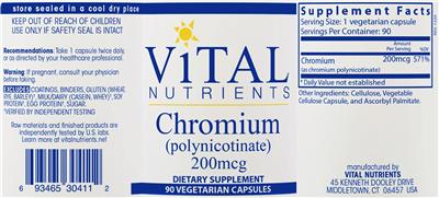 Photo of the Vital Nutrients Chromium (Polynicotinate) 200 mcg label