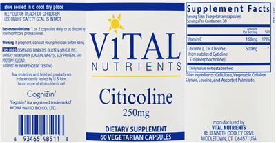 Photo of the Vital Nutrients Citicoline 250 mg label