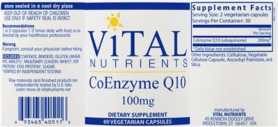 Photo of the Vital Nutrients CoEnzyme Q10 100 mg label