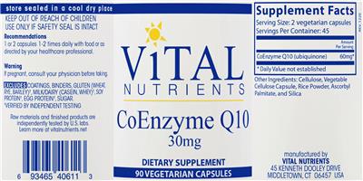 Photo of the Vital Nutrients CoEnzyme Q10 30 mg label