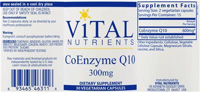 Photo of the Vital Nutrients CoEnzyme Q10 300 mg label