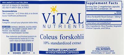 Photo of the Vital Nutrients Coleus Forskohlii 90 mg label