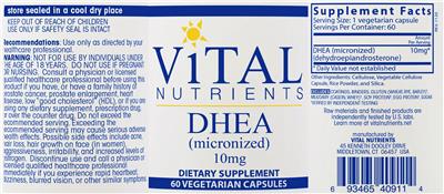 Photo of the Vital Nutrients DHEA (Micronized) 10 mg label