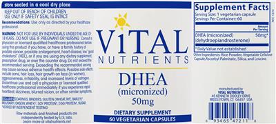 Photo of the Vital Nutrients DHEA (Micronized) 50 mg label