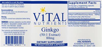 Photo of the Vital Nutrients Ginkgo (50:1 Extract) 80 mg label
