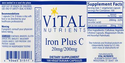 Photo of the Vital Nutrients Iron Plus C label