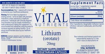 Photo of the Vital Nutrients Lithium (Orotate) 20 mg label