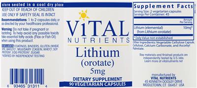 Photo of the Vital Nutrients Lithium (Orotate) 5 mg label