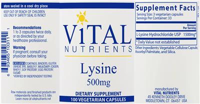 Photo of the Vital Nutrients Lysine 500 mg label