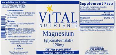 Photo of the Vital Nutrients Magnesium (Glycinate/Malate) 120 mg label
