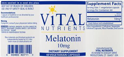Photo of the Vital Nutrients Melatonin 10 mg label