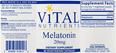 Photo of the Vital Nutrients Melatonin 20 mg label