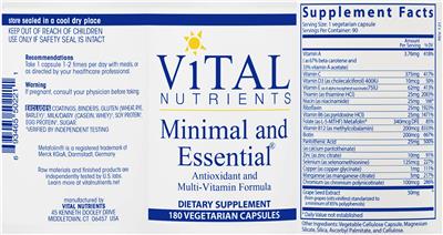 Photo of the Vital Nutrients Minimal and Essential label