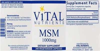 Photo of the Vital Nutrients MSM 1000 mg label