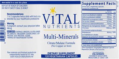 Photo of the Vital Nutrients Multi-Minerals (no Copper or Iron) label