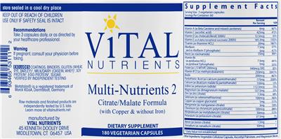 Photo of the Vital Nutrients Multi-Nutrients 2 (with Copper & without Iron) label