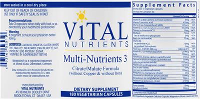 Photo of the Vital Nutrients Multi-Nutrients 3 (without Copper & without Iron) label