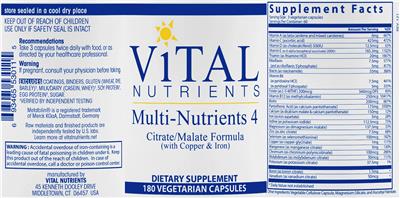 Photo of the Vital Nutrients Multi-Nutrients 4 (with Copper & Iron) label