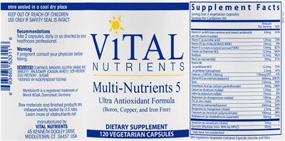 Photo of the Vital Nutrients Multi-Nutrients 5 (Boron, Copper, and Iron Free) label