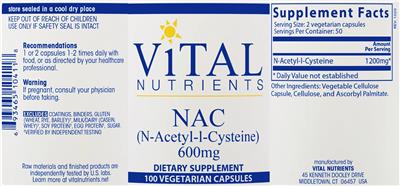 Photo of the Vital Nutrients NAC (N-Acetyl-l-Cysteine) 600 mg label